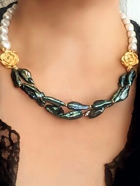 Natural Peacock To Teal Keshi Pearls & White  Freshwater Pearl Necklace
